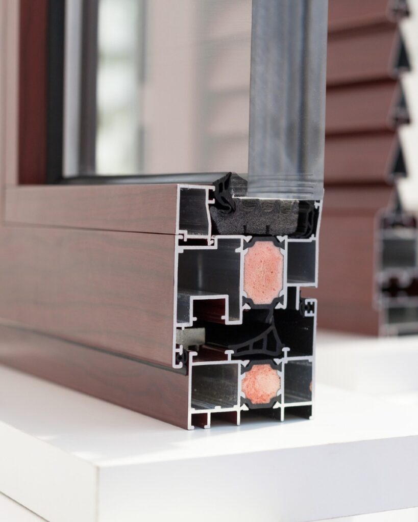 Detalle de un perfil en corte de ventanas a medida de Sabaya en aluminio con acabado imitación madera y rotura de puente térmico