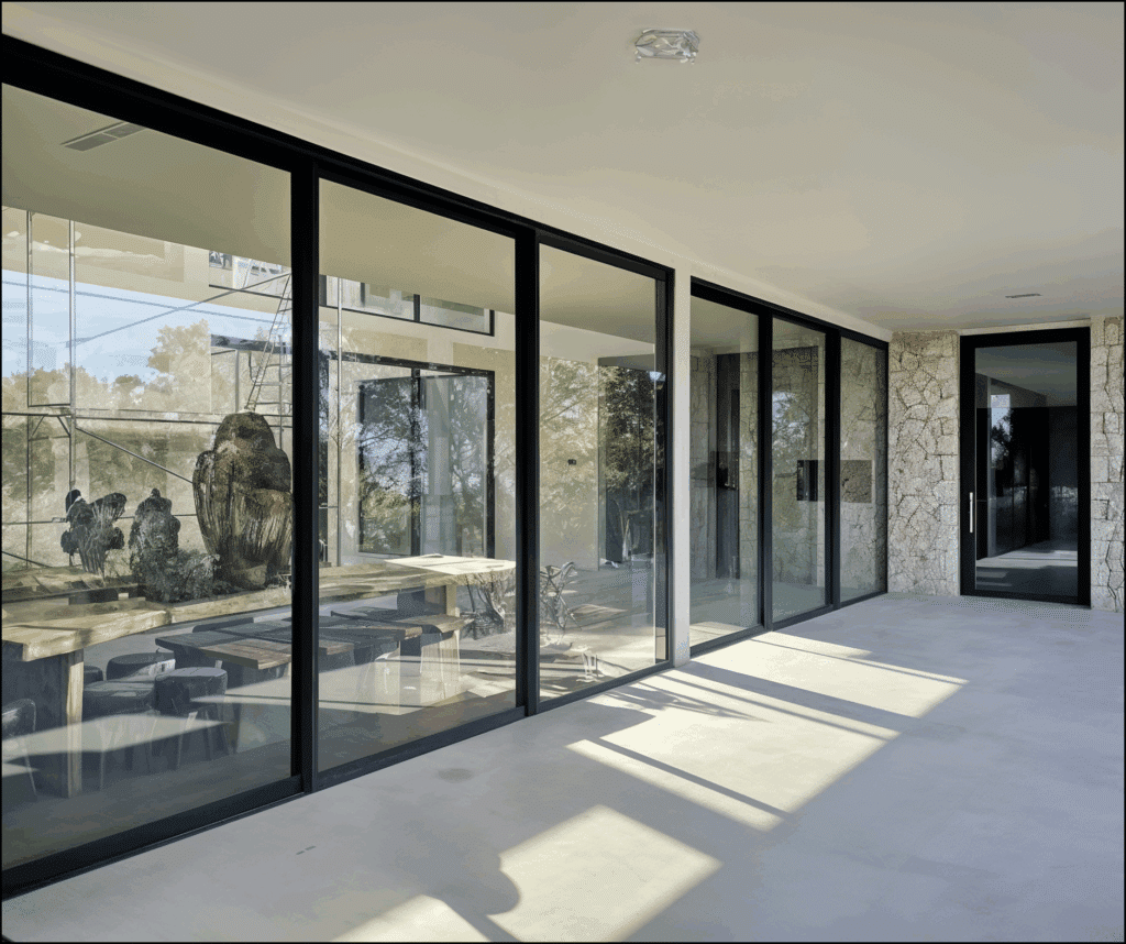 Terraza moderna con grandes ventanas a medida de Sabaya en aluminio negro que permiten entrada de luz natural y vistas al exterior