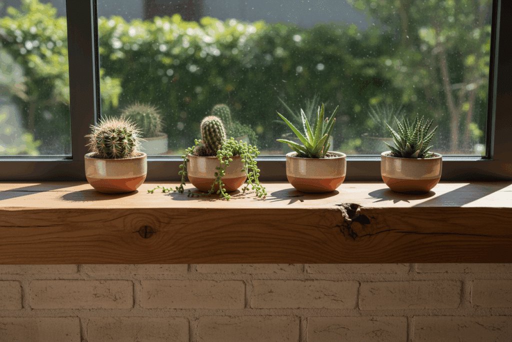 Alféizar Sabaya de madera maciza con borde natural en una ventana interior, decorado con pequeñas macetas de cactus.
