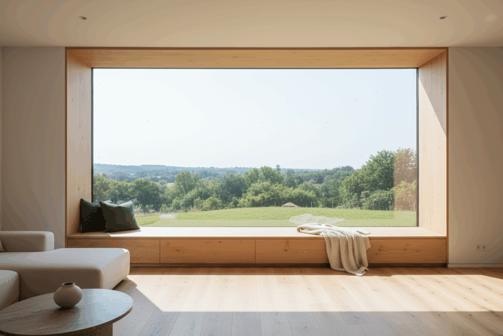 Alféizar Sabaya de madera en gran ventanal moderno, diseñado como banco de descanso con cojines verdes y vistas al exterior.