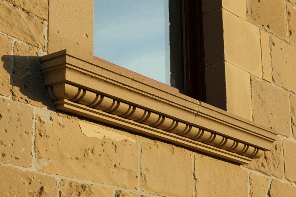 Alféizar Sabaya de piedra en fachada exterior, con molduras decorativas clásicas que protegen la base de la ventana y realzan la estética del edificio. 