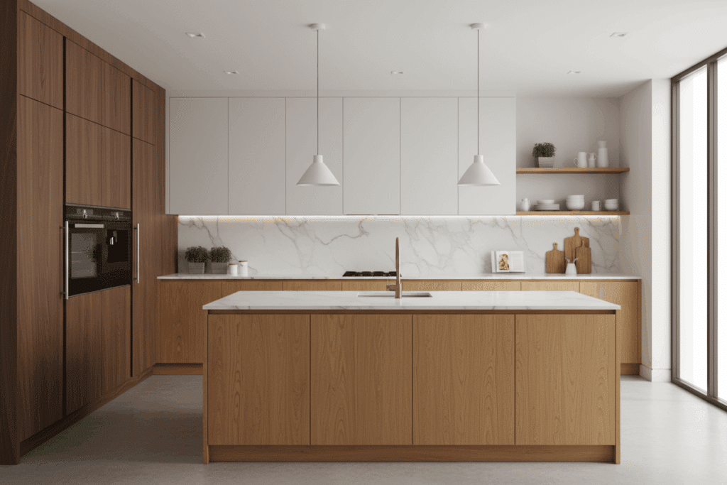Cocina moderna en blanco y madera con isla central, encimera de mármol y muebles integrados.