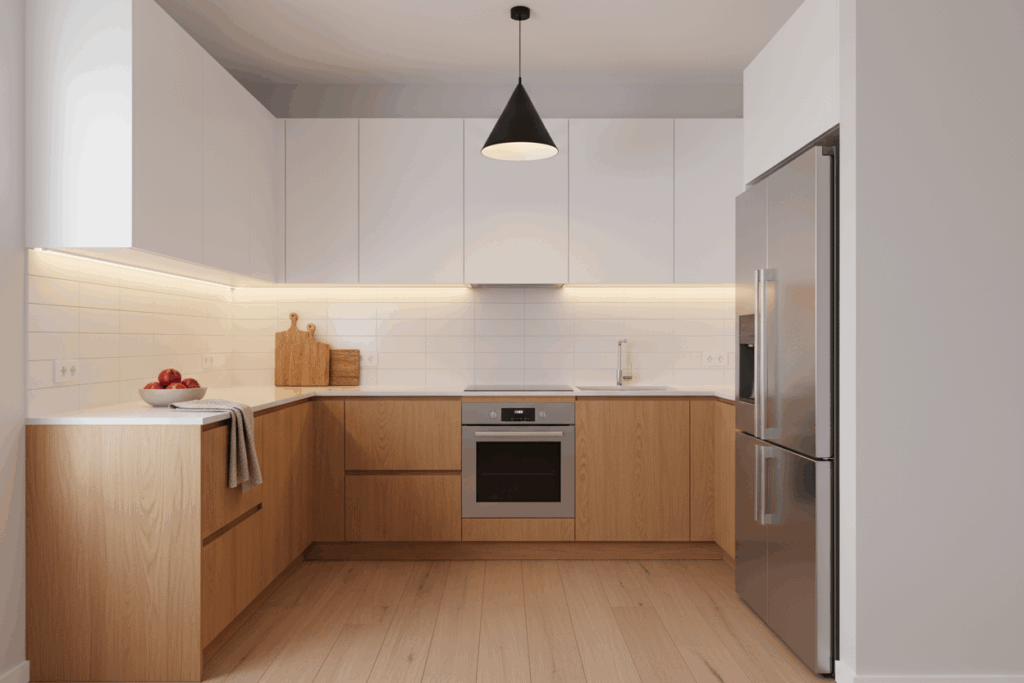 Cocina moderna en blanco y madera de Sabaya con diseño en L, muebles superiores blancos y bajos en madera natural, luminosa y funcional.