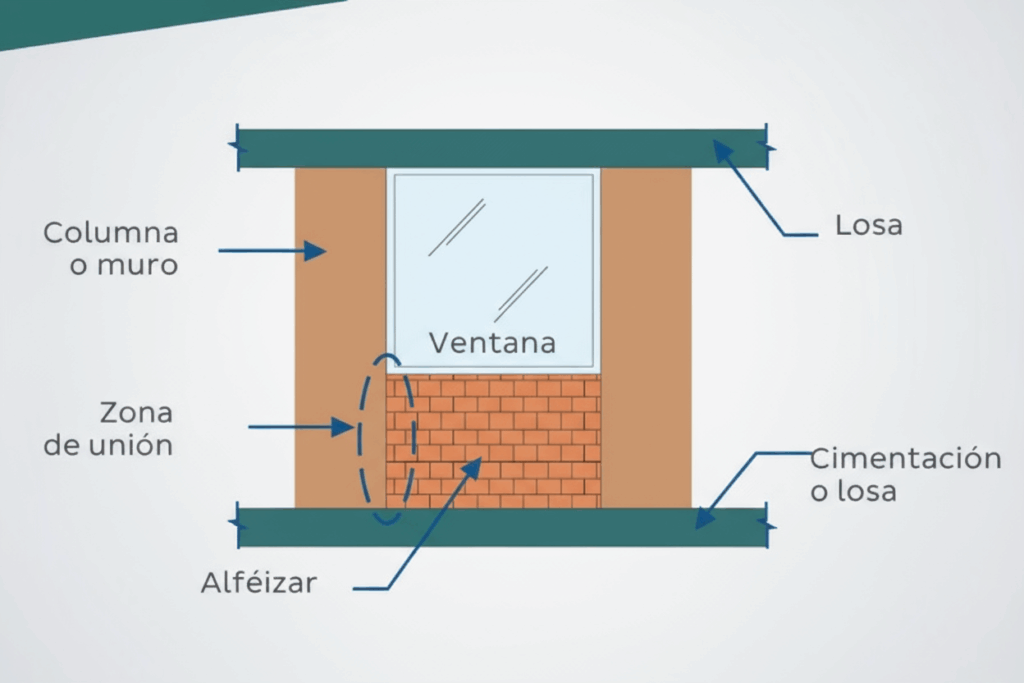 Esquema explicativo de Sabaya que muestra qué es el alféizar de una ventana, señalando sus partes principales como muro, ventana, zona de unión, losa y cimentación