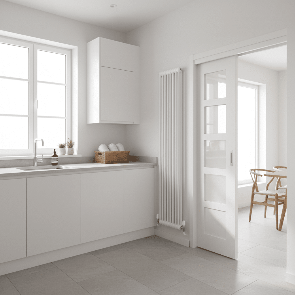 Cocina luminosa con puerta corredera blanca de Sabaya integrada en la pared, que optimiza el espacio y conecta con el comedor de forma práctica.