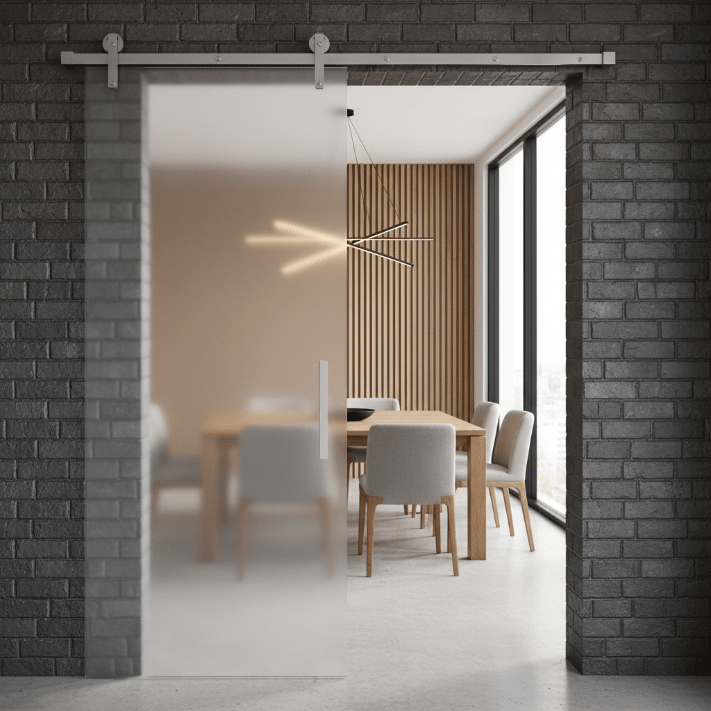 Puerta corredera de cristal esmerilado de Sabaya con sistema de guía superior metálica, separando un comedor moderno sin perder luminosidad. 