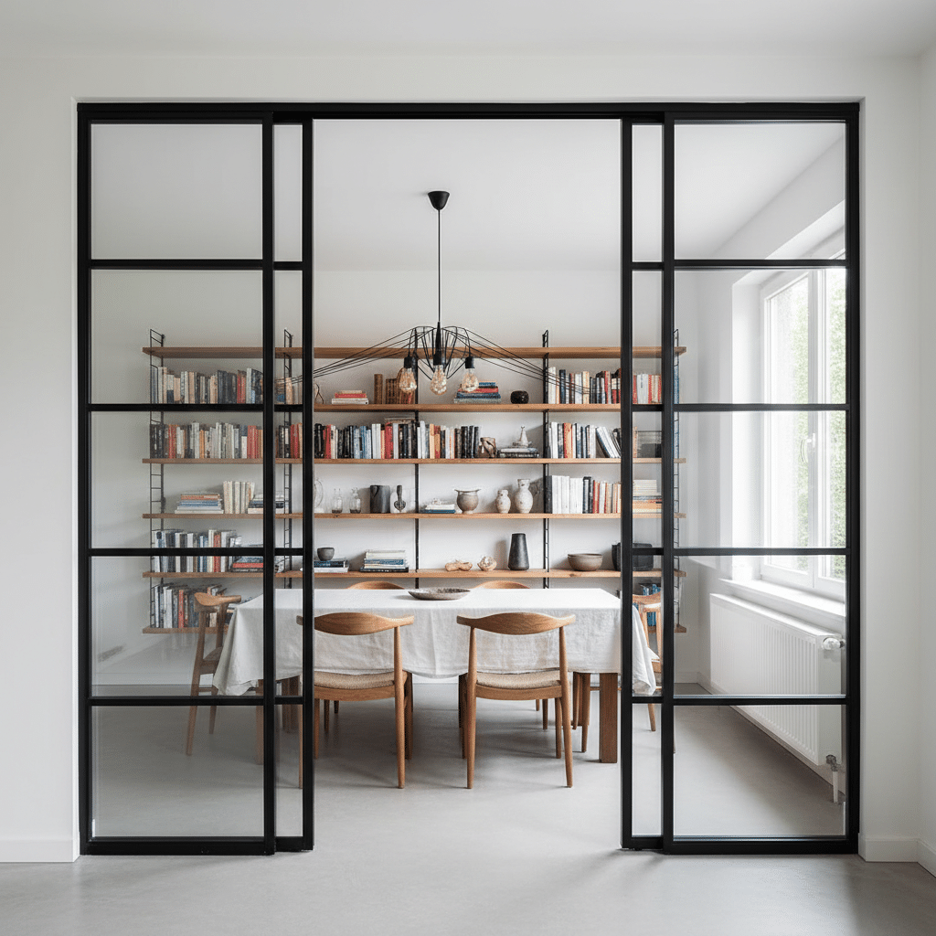 Comedor separado por una puerta corredera de cristal con perfilería negra de Sabaya, que divide espacios sin perder luz natural