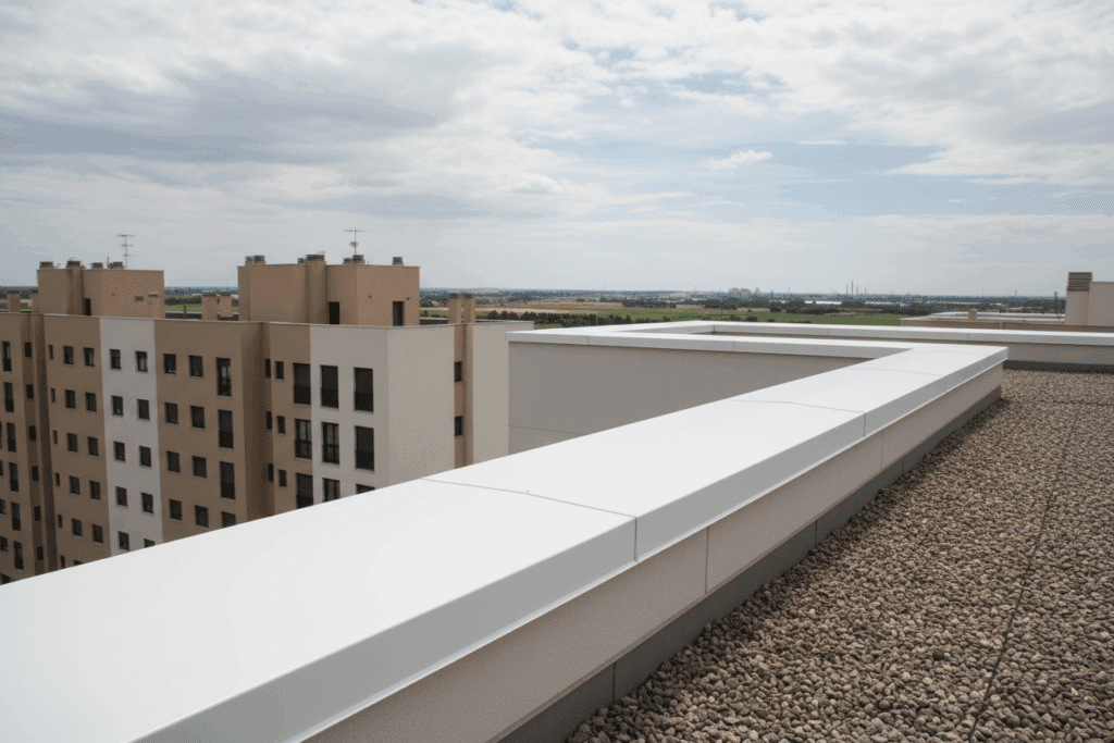 Albardilla blanca instalada en la parte superior de un peto de azotea en un edificio de Sabaya, mostrando cómo un cubremuros protege la superficie frente al agua y las inclemencias