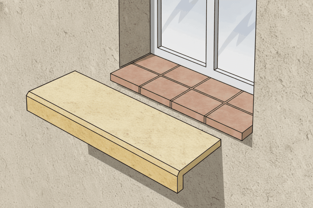 Ilustración que muestra la diferencia entre una albardilla y un alféizar en una ventana, con la albardilla explicada por Sabaya como cubremuros exterior