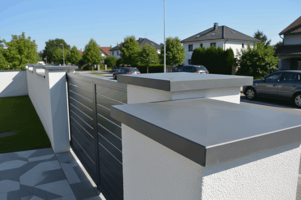 Albardilla de hormigón instalada por Sabaya en el remate superior de un muro exterior, mostrando cómo este cubremuros protege la estructura y mejora el acabado