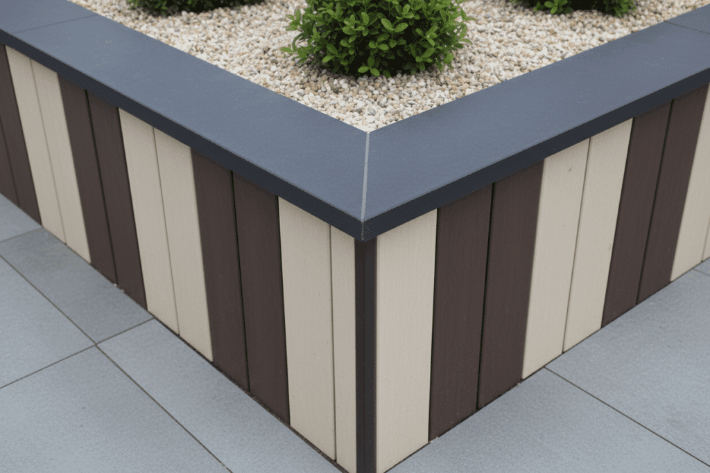 Albardilla oscura instalada por Sabaya en el borde de un parterre elevado, mostrando cómo un cubremuros protege la estructura y mejora el acabado