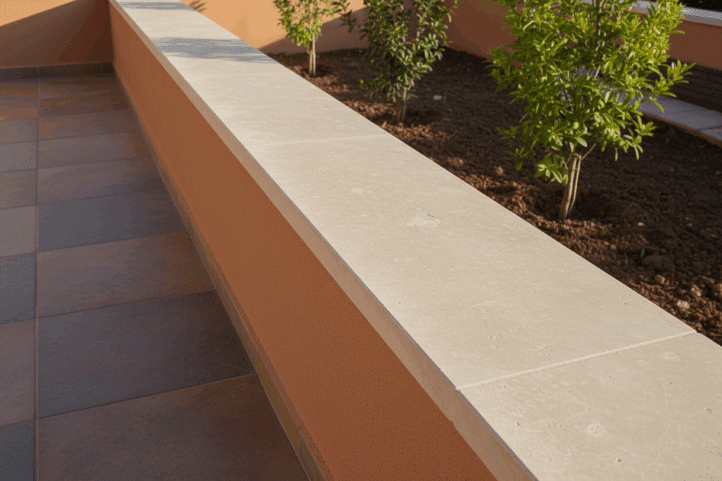 Albardilla de piedra natural instalada por Sabaya en un muro exterior de terraza, mostrando su acabado claro y cómo actúa como cubremuros