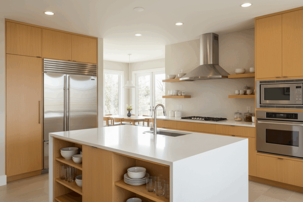 Cocina moderna de Sabaya diseñada dentro del estilo de cocinas con isla, con una gran isla central blanca y estanterías abiertas, muebles de madera clara y una distribución amplia que muestra cómo se integra la isla en el espacio