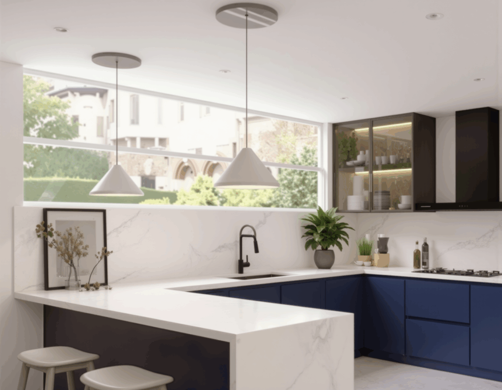 Cocina abierta al salón de Sabaya inspirada en cocinas con isla, con una zona de cocina moderna en tonos neutros, una mesa de comedor redonda de madera y grandes ventanales que conectan el interior con un jardín luminoso