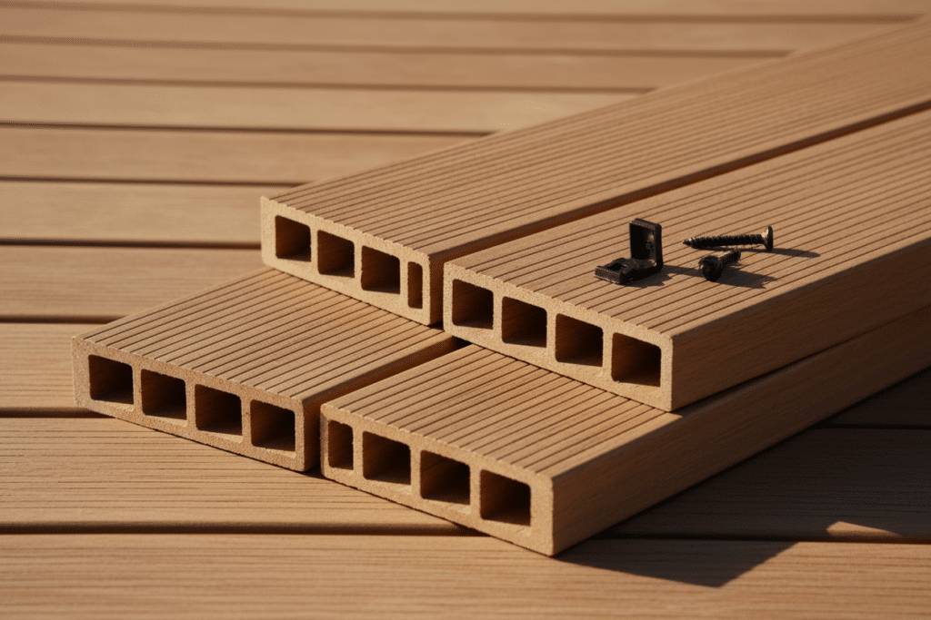 Detalle de lamas de suelo de composite Sabaya con estructura hueca y fijaciones visibles