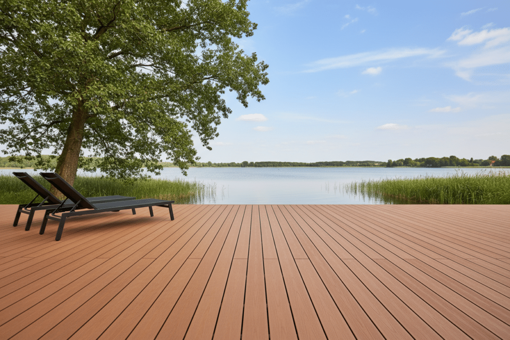 Terraza exterior con suelo de composite Sabaya en tono madera, formada por lamas rectas junto a un lago tranquilo, con tumbonas oscuras y vegetación alrededor