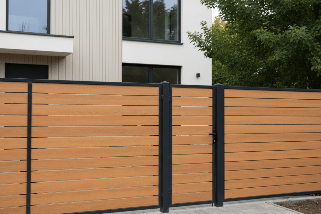 Valla exterior de composite Sabaya con lamas horizontales en tono madera y estructura metálica, instalada frente a una vivienda moderna para aportar privacidad