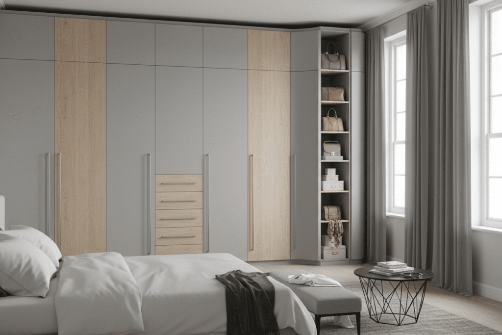 Vestidores de Sabaya integrados en un dormitorio moderno con armarios altos, estantería abierta y acabados en madera clara;