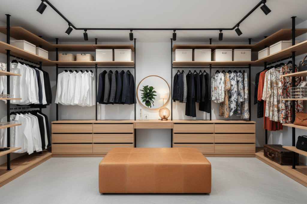 Vestidores modernos de Sabaya con estanterías abiertas, cajones claros, iluminación cálida y ropa organizada en un espacio amplio