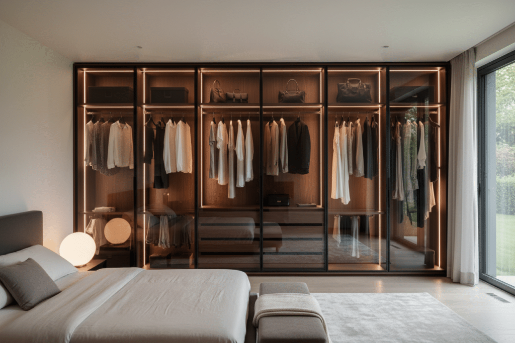 Vestidores de Sabaya con puertas de cristal en un dormitorio elegante, iluminación cálida y almacenamiento ordenado