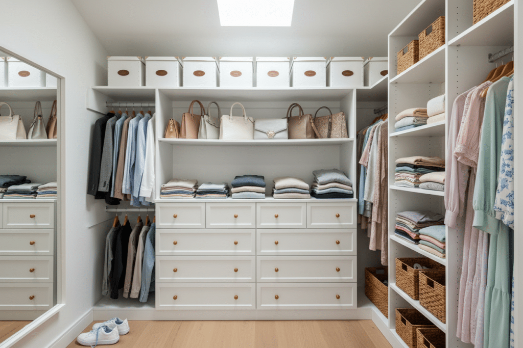 Vestidores luminosos de Sabaya con almacenamiento en blanco, ropa organizada y estantes superiores con cajas