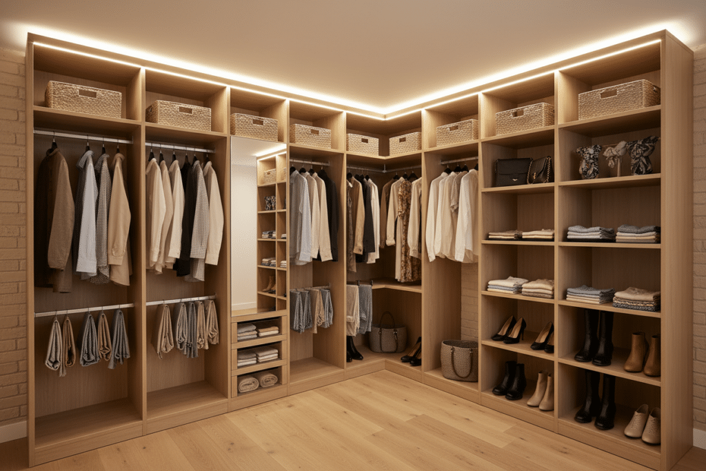 Vestidores de Sabaya en un diseño moderno y abierto, con estanterías ordenadas, ropa colgada y accesorios visibles en un espacio luminoso y acogedor