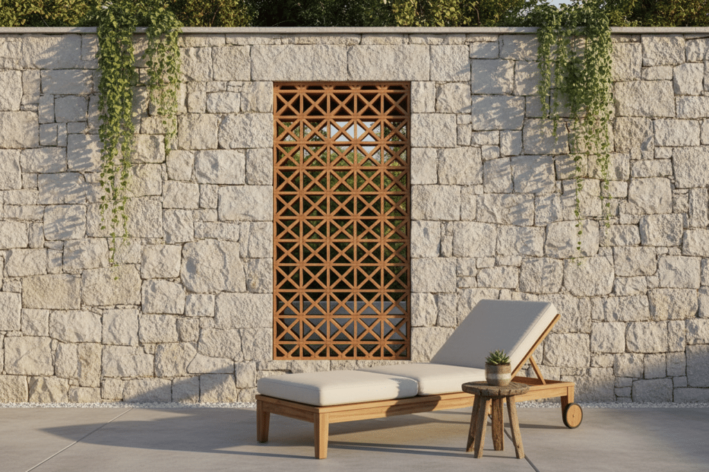 Celosía exterior decorativa de cerámica con patrón enrejado instalada sobre un muro de piedra en un patio residencial, utilizada para filtrar la luz y aportar privacidad con un acabado cálido y natural