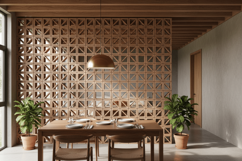 Celosía de cerámica en interior con patrón geométrico modular que separa el comedor del resto de la vivienda, permitiendo el paso de la luz y creando privacidad visual