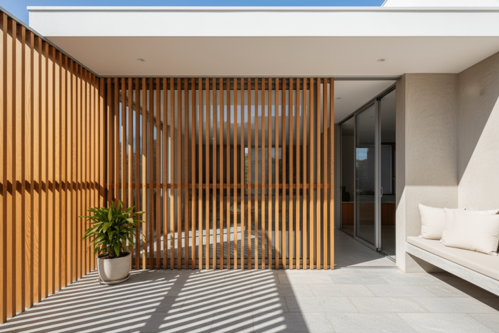 Celosía exterior de madera con lamas verticales en fachada moderna, diseñada para filtrar la luz solar y aportar privacidad en una vivienda contemporánea
