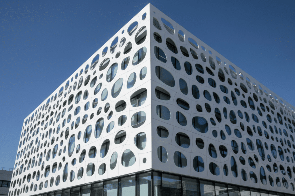 Celosía exterior de PVC con diseño orgánico perforado instalada en la fachada de un edificio contemporáneo, elemento arquitectónico que filtra la luz y protege del sol manteniendo ventilación