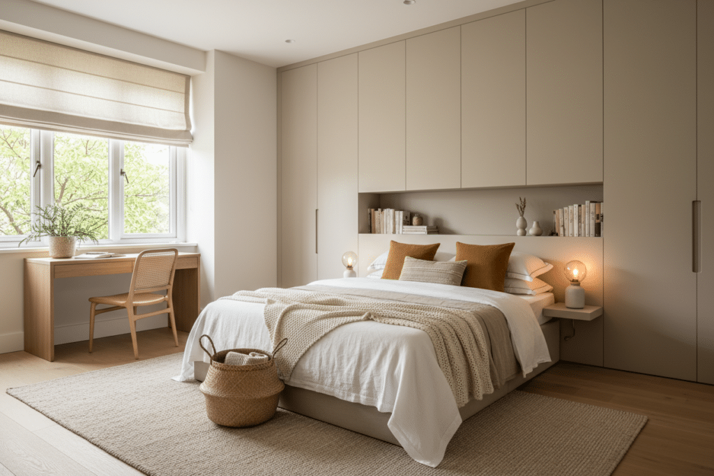 Dormitorios de matrimonio Sabaya con diseño funcional y tonos beige cálidos, donde se aprecia una cama doble con textiles naturales, cojines en tonos mostaza y una zona de trabajo integrada junto a la ventana