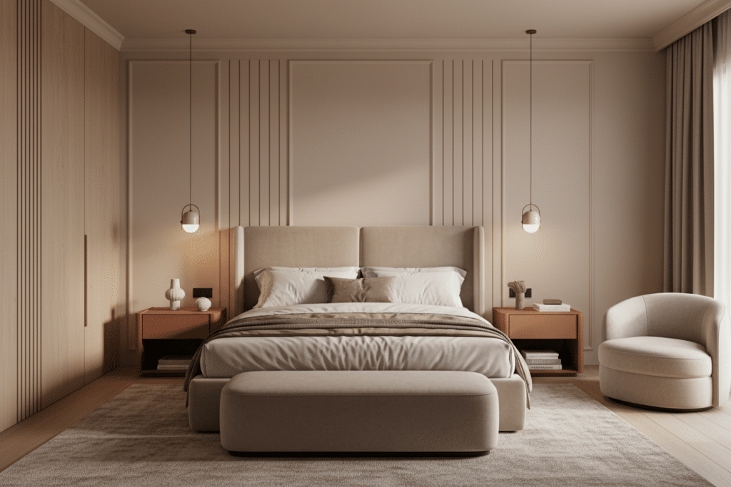 Dormitorios de matrimonio Sabaya con diseño contemporáneo y tonos beige y madera clara, donde se aprecia una cama tapizada con cabecero alto, mesillas minimalistas y una paleta de colores cálidos que transmiten calma y equilibrio visual