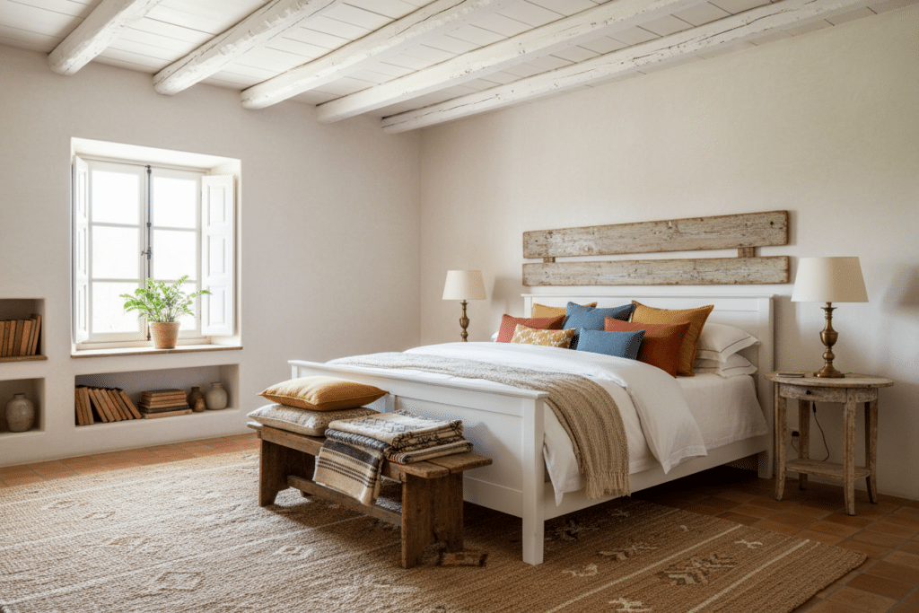 Dormitorios de matrimonio Sabaya con estilo rústico y acogedor, donde se aprecia una cama doble vestida con textiles naturales, cabecero de madera envejecida, vigas vistas pintadas en blanco y luz natural entrando por una ventana lateral
