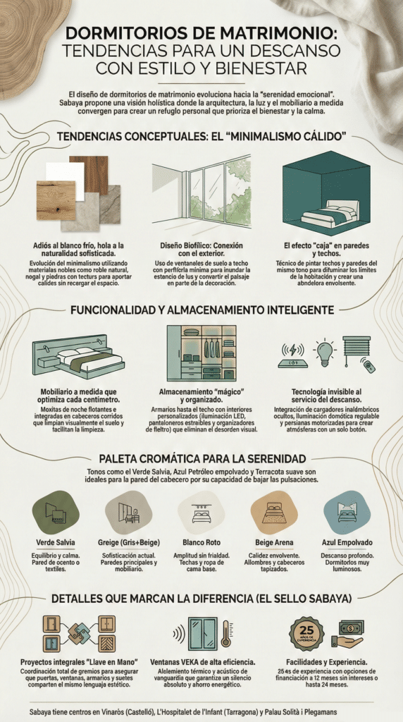 Infografía sobre dormitorios de matrimonio Sabaya que resume las tendencias actuales en color, diseño y bienestar, mostrando paletas cromáticas relajantes, minimalismo cálido, almacenaje inteligente y soluciones a medida para crear dormitorios de matrimonio modernos