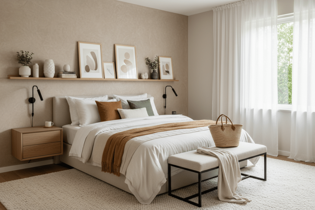 Dormitorios de matrimonio Sabaya decorados con tonos beige y textiles naturales, donde se observa una cama doble con ropa de cama clara, cojines en tonos tierra, banco a los pies y luz natural abundante