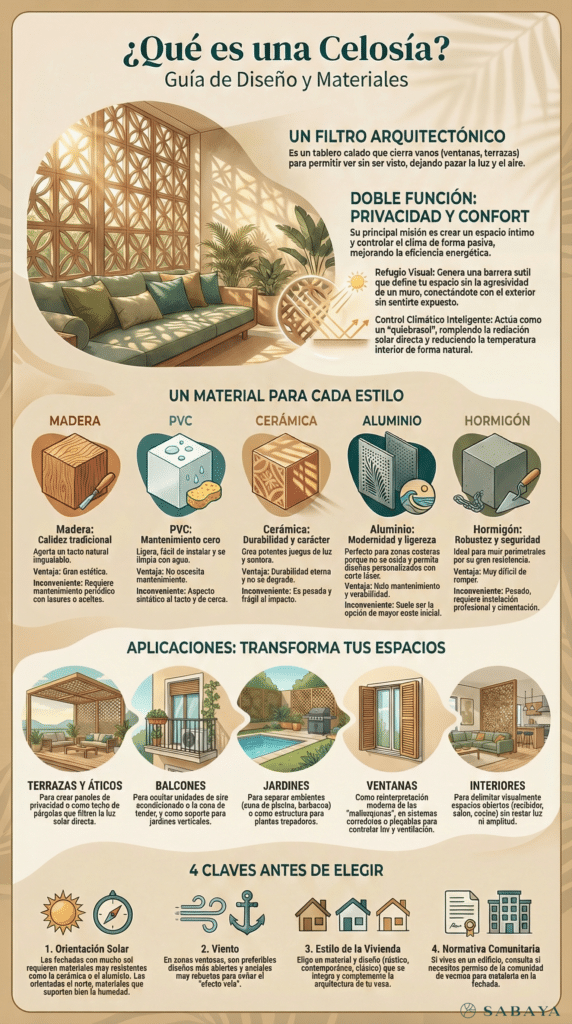 Infografía explicativa sobre qué es una celosía y sus materiales, usos y funciones en arquitectura y diseño de interiores, mostrando ejemplos de celosía de madera, PVC, cerámica, aluminio y hormigón