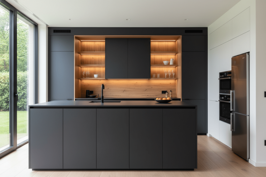 Cocina moderna con isla central y muebles en color antracita, combinados con madera y tonos claros para crear un espacio elegante y funcional