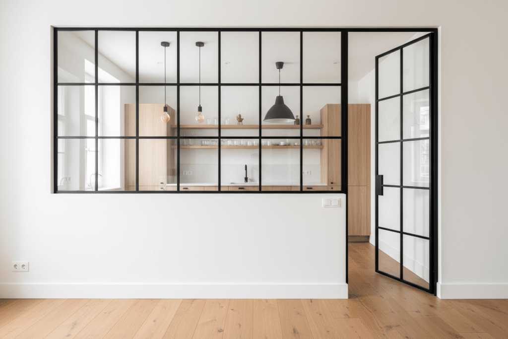 Cocinas abiertas al salon Sabaya con cerramiento de cristal y perfilería negra tipo industrial, mostrando una cocina luminosa integrada visualmente con el salón mediante una gran cristalera fija y puerta abatible