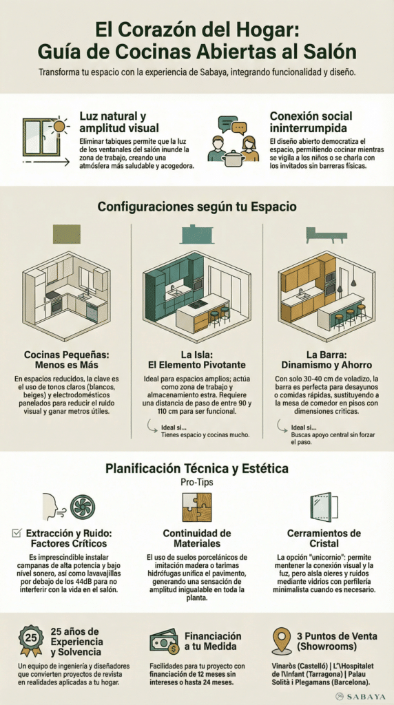 Infografía de cocinas abiertas al salon Sabaya titulada “El Corazón del Hogar”, que explica ventajas como luz natural y conexión social, muestra configuraciones como cocinas pequeñas, con isla o con barra, y detalla aspectos técnicos como extracción, materiales y cerramientos de cristal