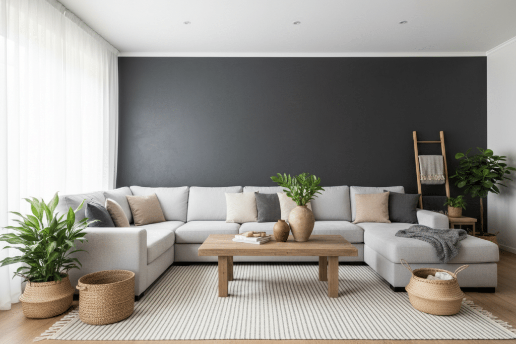 Salón luminoso con pared en color antracita, sofá gris claro, textiles naturales y plantas que muestran cómo este tono oscuro aporta profundidad y equilibrio en interiores modernos