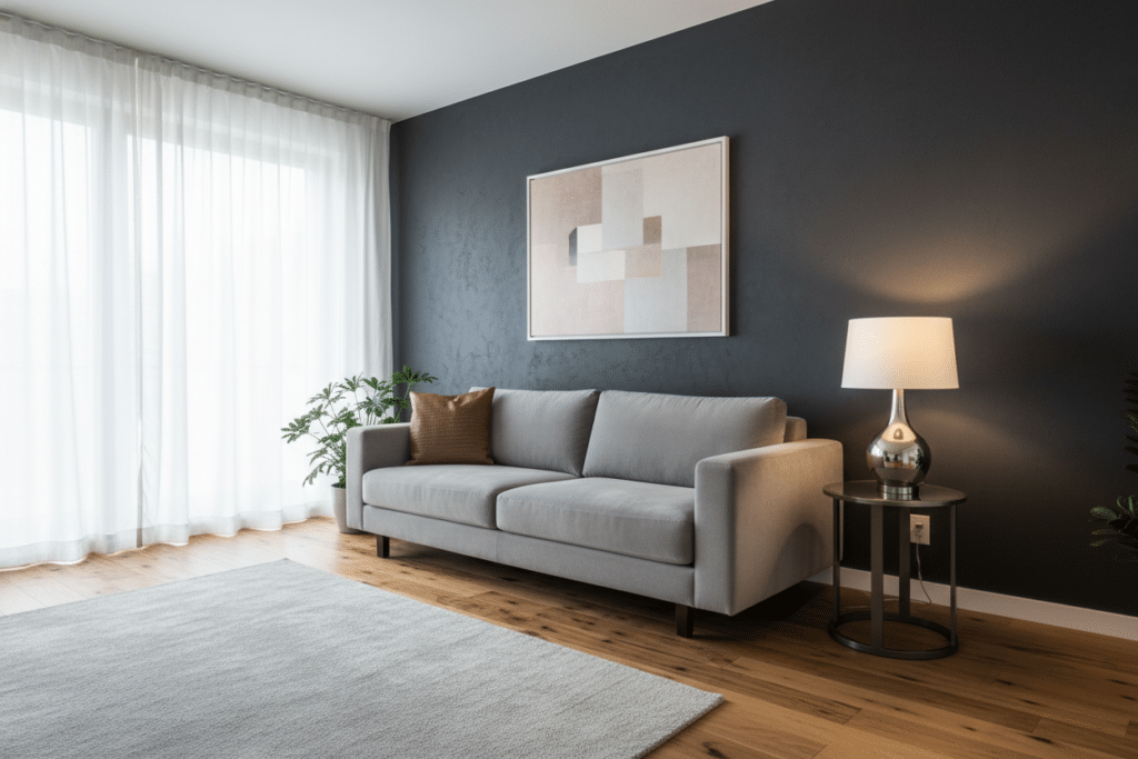 Salón moderno con pared en color antracita, sofá gris claro y decoración minimalista que muestra cómo integrar este tono oscuro en interiores contemporáneos