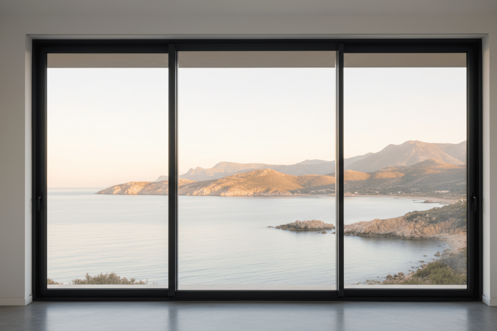 Ventanas correderas en color antracita con vistas al mar